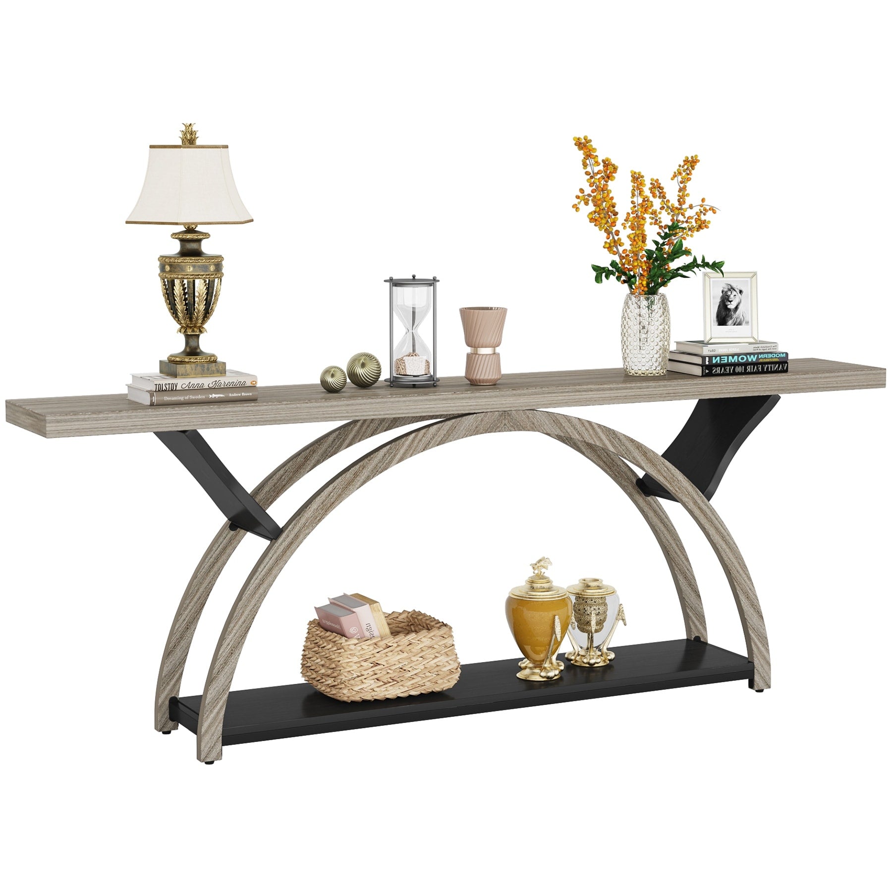 2-Tier Narrow Long Console Sofa Table with Semi-Circular Frame for Entryway,Gray Hallway Accent Tables