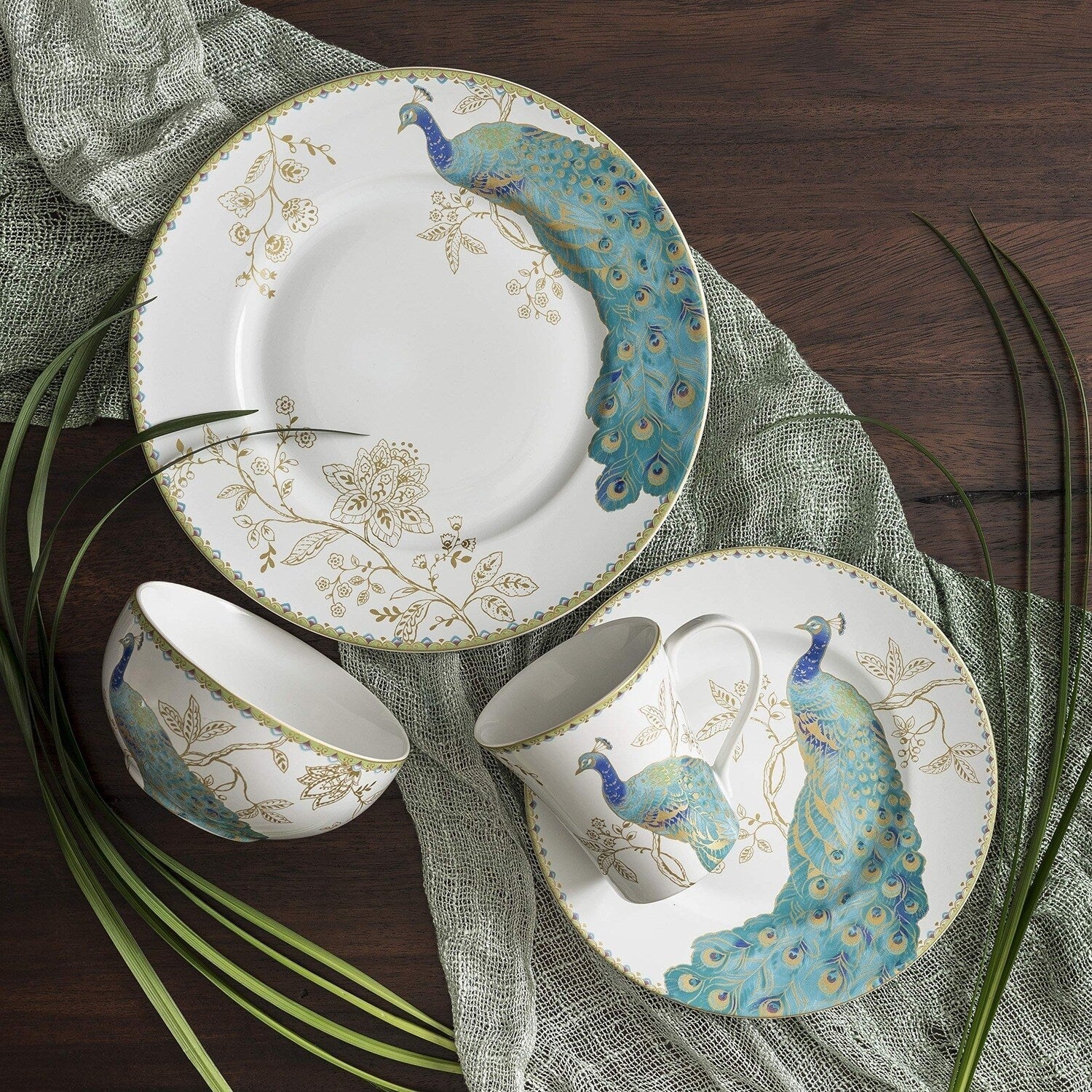 222 Fifth Peacock Garden 16-Piece Porcelain Dinnerware Set with Round Plates, Bowls, and Mugs, White