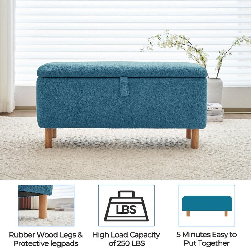 39.5 Off White Boucle Storage Ottoman Bench Sherpa Storage Bench Ottoman Foot Rest End of Bed for Living Room Bedroom,Wood Leg