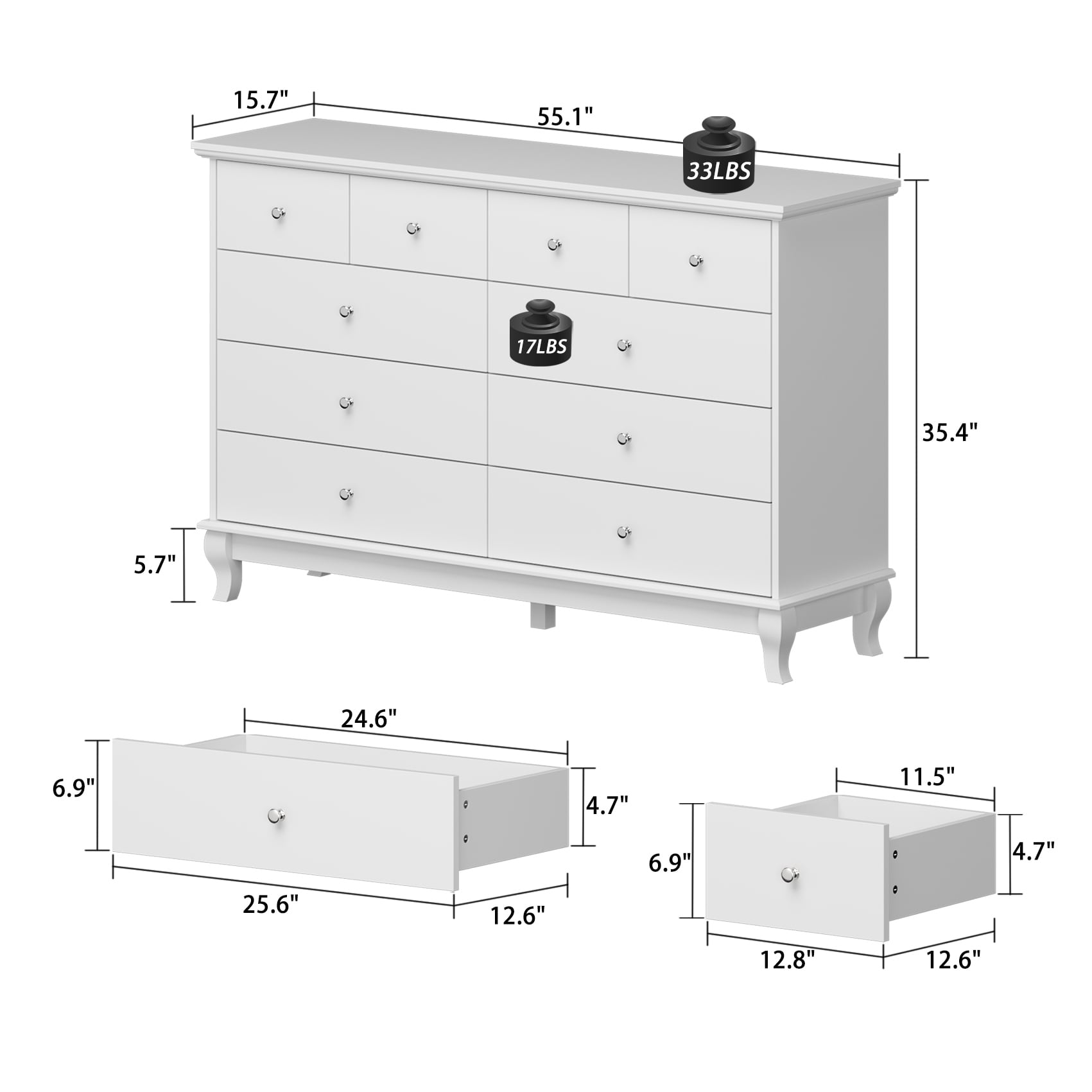 55.1 Wide Double Bedroom Dresser with Storage Drawers
