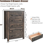 48 Tall Farmhouse 5 Drawer Wood Dresser, Chest of Drawers for Bedroom